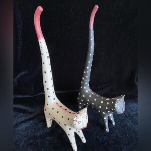 Set of 2 Whimsical Folk Art Wood Cat Figurines Black/White
